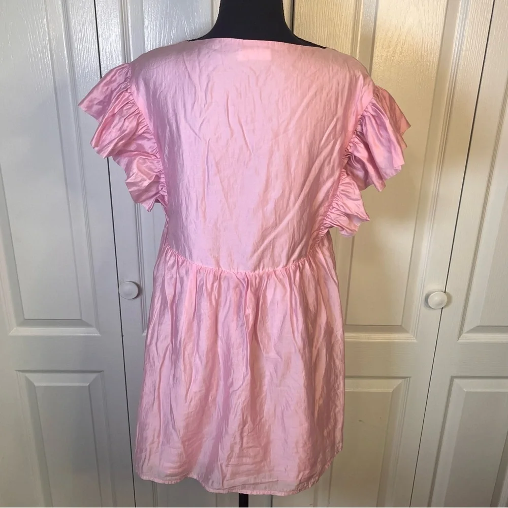 Storia Pink Babydoll Mini Dress Sz M V Neck Flitter Sleeves Satin Sheen Rush